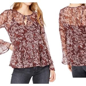 Lucky Brand Bell-Sleeve Floral Top w/Cami in Burgundy Pink, Size L New w/Tag